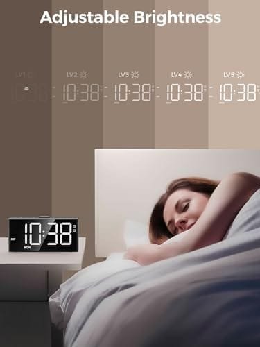 Ceas Deșteptător Digital PPLEE pentru Dormitor – Afișaj Mare, 2 Alarme, 5 Niveluri de Luminozitate și Volum, Port USB-C, Mod Weekend, Funcție Memorie - imagine 2