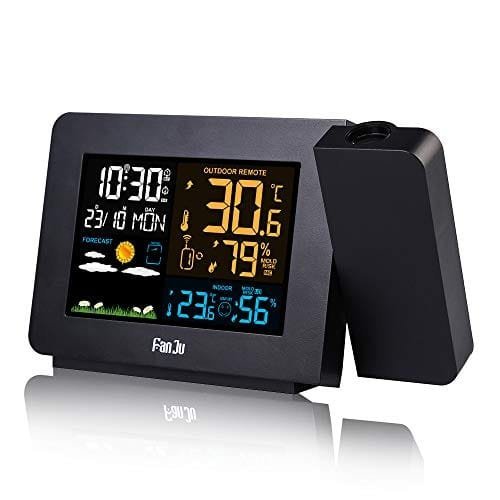 Stație Meteo Wireless FanJu FJ3391 cu Senzor Exterior și Proiecție – Ceas cu Alarmă, Temperatură și Umiditate Interior/Exterior, Fază Lunii, Ceas Radio