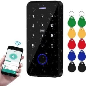 Controler de acces FusyTuly NFC Bluetooth Tuya – IP68 impermeabil, RFID 13,56 MHz, amprentă biometrică, tastatură tactilă + 10 cipuri incluse