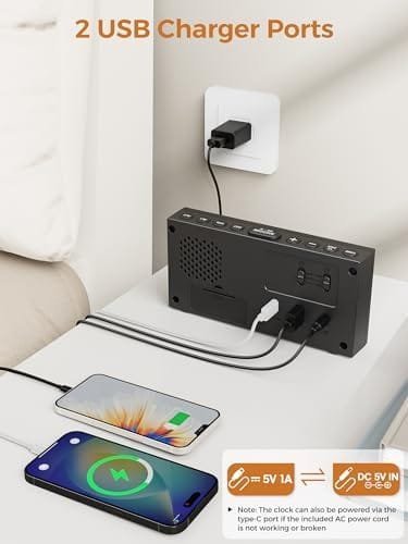 Ceas Deșteptător Digital PPLEE pentru Dormitor – Afișaj Mare, 2 Alarme, 5 Niveluri de Luminozitate și Volum, Port USB-C, Mod Weekend, Funcție Memorie - imagine 5