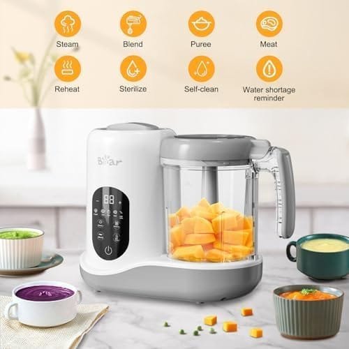 BEAR 2024 Aparat pentru hrană pentru bebeluși | Procesor de alimente pentru bebeluși, aburi, piure și blender, auto-gătire și măcinare | Maker pentru piure de alimente pentru bebeluși cu auto-curățare | Control tactil, alb - imagine 2
