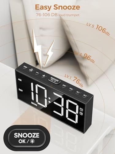 Ceas Deșteptător Digital PPLEE pentru Dormitor – Afișaj Mare, 2 Alarme, 5 Niveluri de Luminozitate și Volum, Port USB-C, Mod Weekend, Funcție Memorie - imagine 3