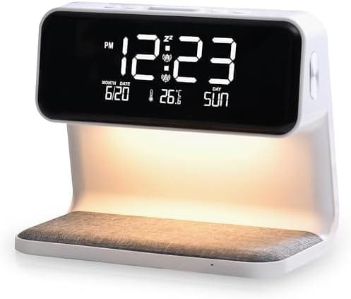Lampă de noptieră WILIT 10 W cu funcție de încărcare, lumină de trezire, ceas de alarmă