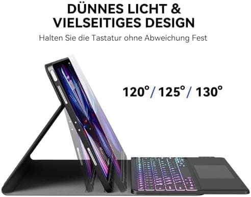 Tastatură wireless Earto pentru iPad Pro 12.9" (Generațiile 3–6) – Husă cu tastatură iluminată 3 zone, 7 culori, touchpad integrat, layout QWERTZ – Negru - imagine 14