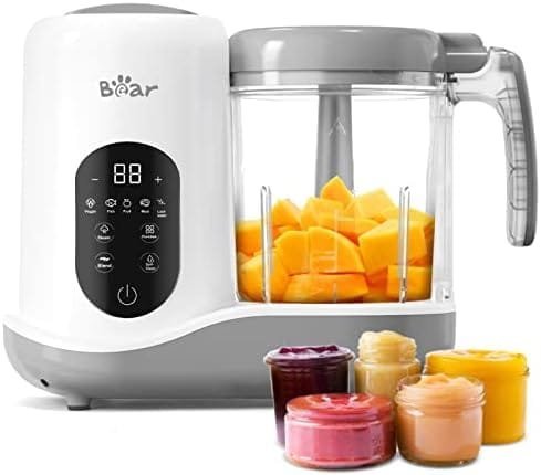 BEAR 2024 Aparat pentru hrană pentru bebeluși | Procesor de alimente pentru bebeluși, aburi, piure și blender, auto-gătire și măcinare | Maker pentru piure de alimente pentru bebeluși cu auto-curățare | Control tactil, alb