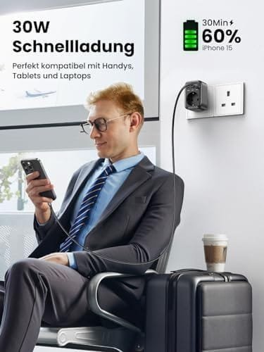 UGREEN Nexode Adaptor Anglia, Adaptor de Călătorie 30W cu USB-C Încărcare Rapidă, Adaptor de Călătorie 4-în-1 GaN pentru Irlanda, Scoția, Dubai, Maldive, Compatibil cu iPhone 15 Pro Max/15 - imagine 2