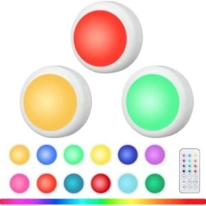 Lămpi LED Rotunde cu Baterie și Telecomandă | Set de 3 Lămpi LED cu 13 Culori, Dimmer și Temporizator | Lămpi Lipite Wireless pentru Dulapuri, Alb