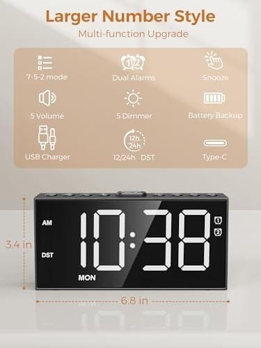 Ceas Deșteptător Digital PPLEE pentru Dormitor – Afișaj Mare, 2 Alarme, 5 Niveluri de Luminozitate și Volum, Port USB-C, Mod Weekend, Funcție Memorie - imagine 7