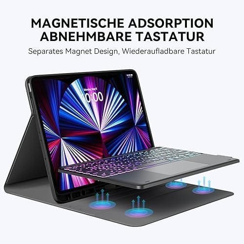 Tastatură wireless Earto pentru iPad Pro 12.9" (Generațiile 3–6) – Husă cu tastatură iluminată 3 zone, 7 culori, touchpad integrat, layout QWERTZ – Negru - imagine 13
