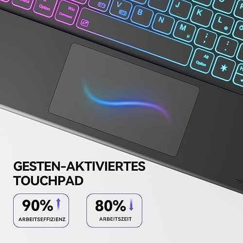 Tastatură wireless Earto pentru iPad Pro 12.9" (Generațiile 3–6) – Husă cu tastatură iluminată 3 zone, 7 culori, touchpad integrat, layout QWERTZ – Negru - imagine 3