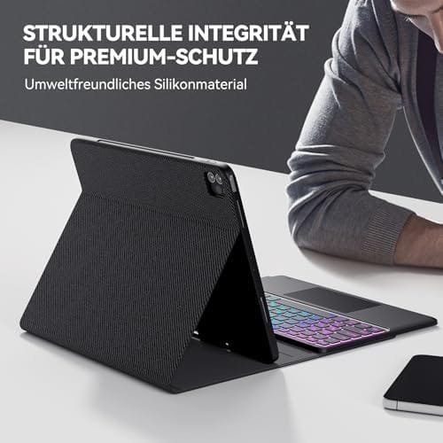 Tastatură wireless Earto pentru iPad Pro 12.9" (Generațiile 3–6) – Husă cu tastatură iluminată 3 zone, 7 culori, touchpad integrat, layout QWERTZ – Negru - imagine 8