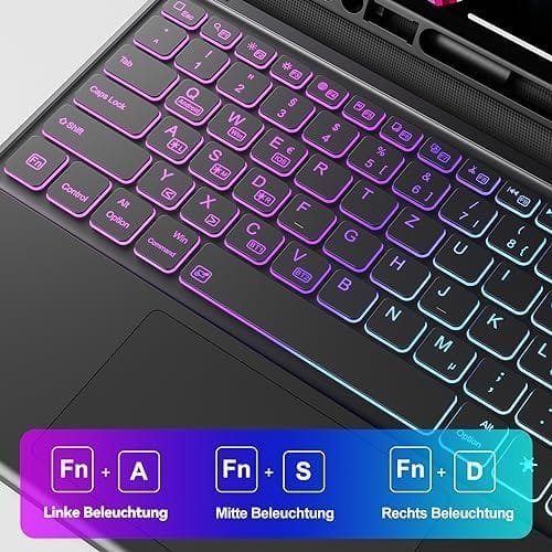 Tastatură wireless Earto pentru iPad Pro 12.9" (Generațiile 3–6) – Husă cu tastatură iluminată 3 zone, 7 culori, touchpad integrat, layout QWERTZ – Negru - imagine 12