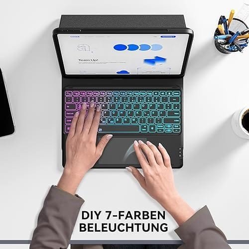 Tastatură wireless Earto pentru iPad Pro 12.9" (Generațiile 3–6) – Husă cu tastatură iluminată 3 zone, 7 culori, touchpad integrat, layout QWERTZ – Negru - imagine 15