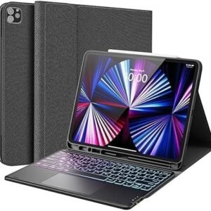 Tastatură wireless Earto pentru iPad Pro 12.9" (Generațiile 3–6) – Husă cu tastatură iluminată 3 zone, 7 culori, touchpad integrat, layout QWERTZ – Negru