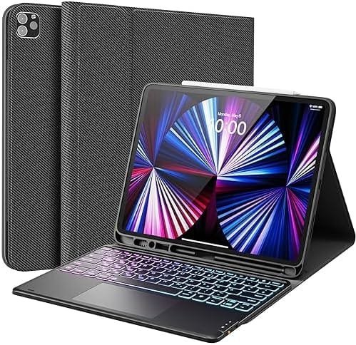 Tastatură wireless Earto pentru iPad Pro 12.9" (Generațiile 3–6) – Husă cu tastatură iluminată 3 zone, 7 culori, touchpad integrat, layout QWERTZ – Negru