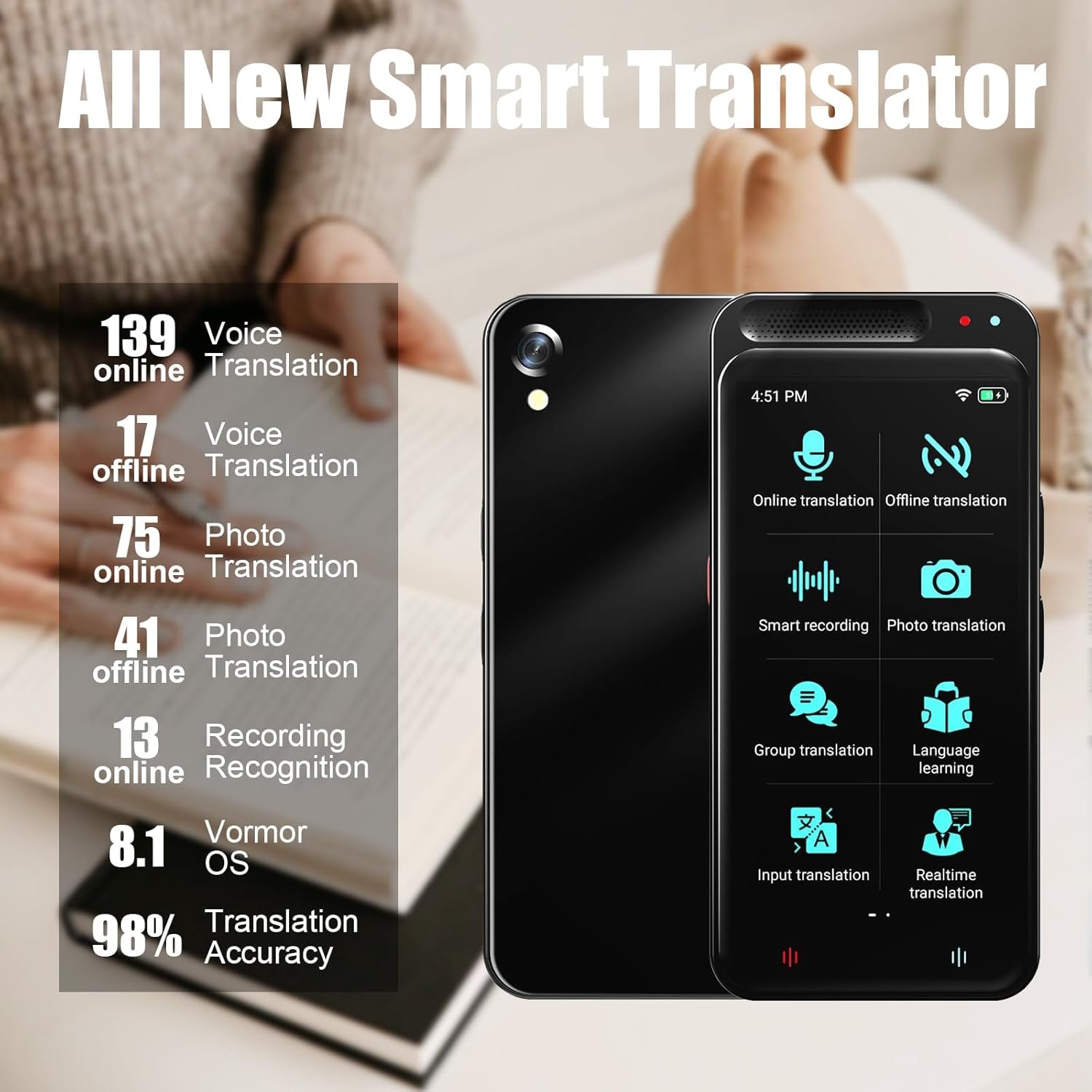 Traducător vocal Ubetter – 139 limbi online & 17 offline, ecran mare de 5.0", autonomie extinsă, ideal pentru călătorii și afaceri - imagine 2