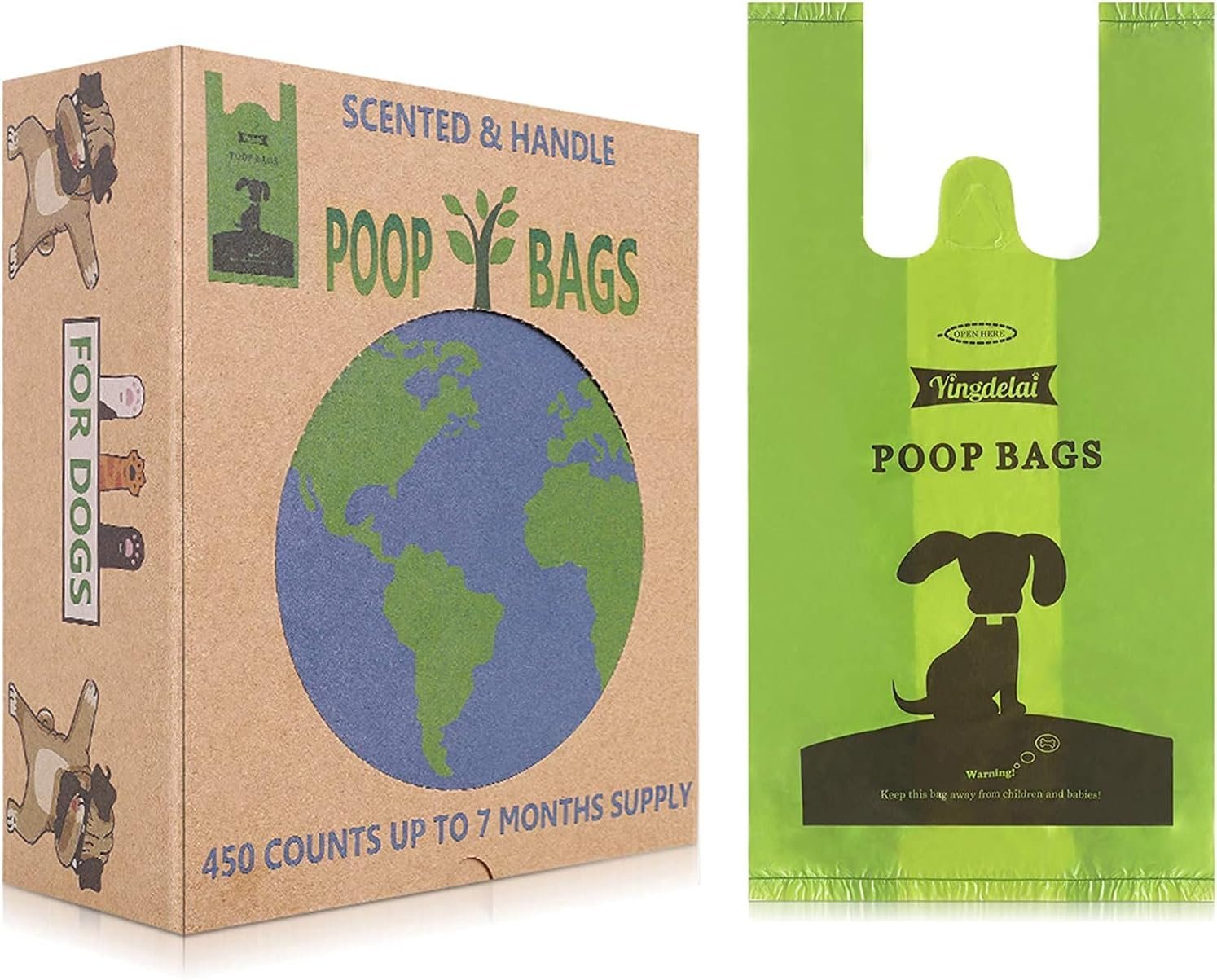 Yingdelai Pungi Biodegradabile pentru Excremente de Câine cu Mânere pentru Legare Ușoară - Pachet de 450 Pungi