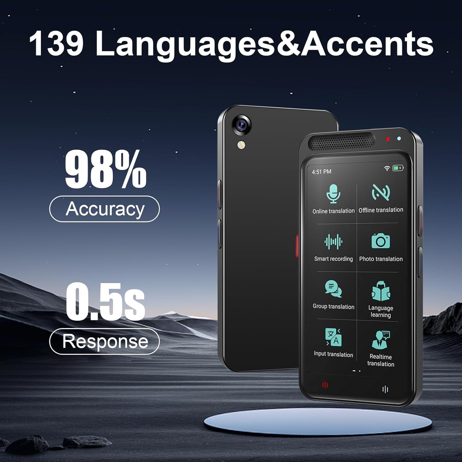 Traducător vocal Ubetter – 139 limbi online & 17 offline, ecran mare de 5.0", autonomie extinsă, ideal pentru călătorii și afaceri - imagine 3