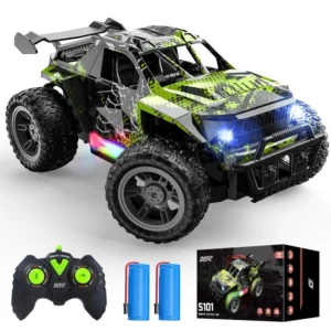 Mașină cu telecomandă DEERC 1:18 – RC Monster Truck cu lumini LED colorate, 2 baterii incluse, telecomandă 2.4GHz, mod automat, toate tipurile de teren – cadou perfect pentru copii