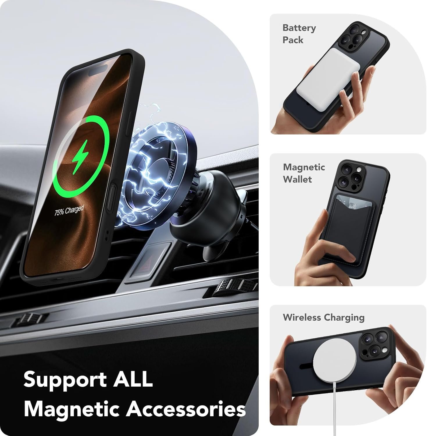 Husă CAPRARO Magnetică compatibilă cu iPhone 16 Pro, protecție completă a camerei, compatibilă cu MagSafe, spate mat translucid, negru - imagine 3