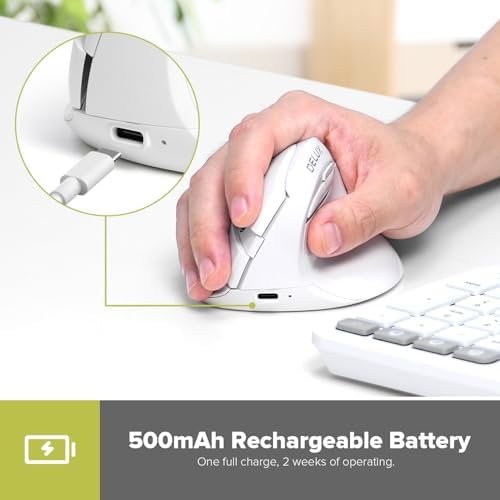 Mouse Vertical Wireless DeLUX M618mini – Ergonomic, Silențios, BT 5.2 + USB, 6 Butoane, 4000 DPI, Reîncărcabil (Alb) - imagine 6