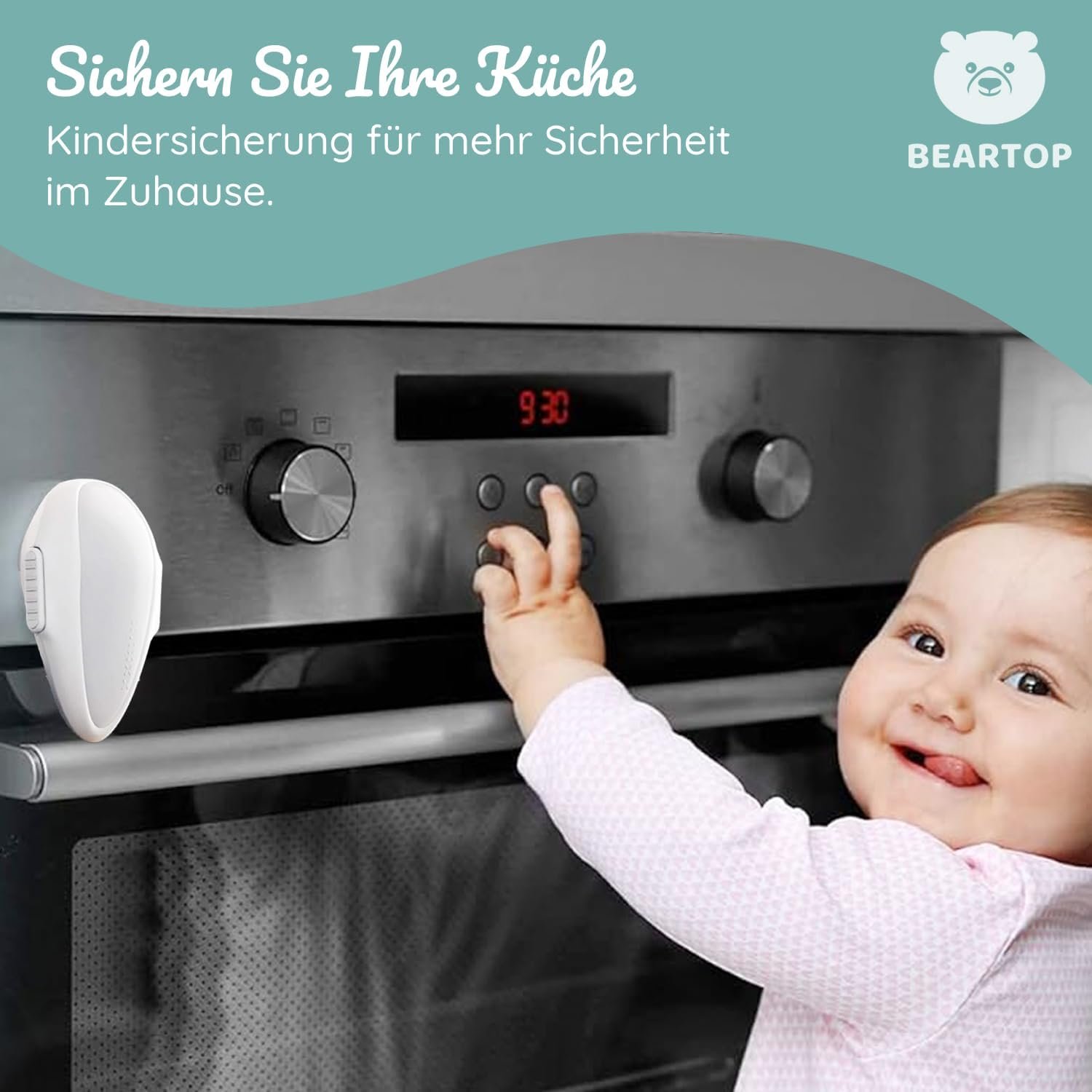 Beartop – Blocator usa cuptor sau masina de spalat vase pentru copii, blocare frontala, usor de instalat, adeziv 3M, 2 buc. - imagine 3