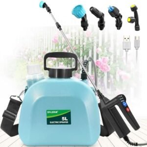Pulverizator Electric de Grădină SYLSTAR 5L cu Acumulator, 7.4V USB Reîncărcabil, 3 Trepte de Pulverizare, 4 Duze Interschimbabile, Lance Telescopică pentru Grădină și Gazon