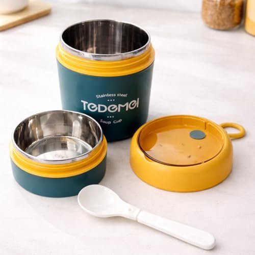 Cutie termoizolantă pentru prânz din inox 710 ml, 2 niveluri, etanșă, fără BPA, cu lingură – lunch box termic pentru supă, orez și mese complete, albastru - imagine 2