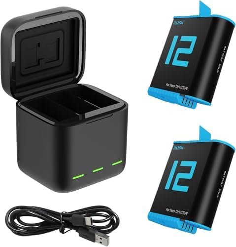 Kit încărcător triplu cu 2 baterii pentru GoPro Hero 12 / 11 / 10 / 9 Black, stație încărcare Type-C compatibilă baterii originale – TELESIN