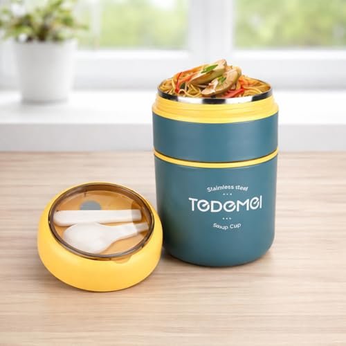 Cutie termoizolantă pentru prânz din inox 710 ml, 2 niveluri, etanșă, fără BPA, cu lingură – lunch box termic pentru supă, orez și mese complete, albastru - imagine 6