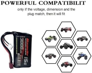 Baterie RC RoaringTop 7.4V 2S Li-ion 3000mAh cu T-Plug, acumulator reîncărcabil pentru mașini RC + 2 încărcătoare USB - imagine 4
