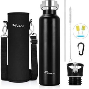 Sticlă termoizolantă din inox 600 ml, vacuum dublu perete, BPA Free, anti-scurgere, cu 2 capace interschimbabile și husă neopren – RYACO