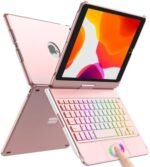 Husă cu tastatură AZERTY și touchpad pentru iPad 10.2” generația 9/8/7, rotire 360°, tastatură Bluetooth iluminată 7 culori, Auto Sleep/Wake – Roz