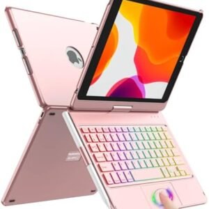 Husă cu tastatură AZERTY și touchpad pentru iPad 10.2” generația 9/8/7, rotire 360°, tastatură Bluetooth iluminată 7 culori, Auto Sleep/Wake – Roz