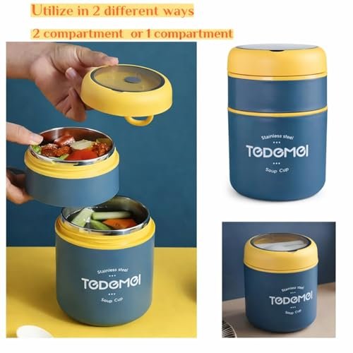 Cutie termoizolantă pentru prânz din inox 710 ml, 2 niveluri, etanșă, fără BPA, cu lingură – lunch box termic pentru supă, orez și mese complete, albastru - imagine 3