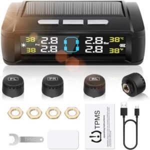 Sistem Monitorizare Presiune Anvelope Auto TPMS Geloo cu 4 Senzori Externi, Display Solar Wireless, Alarmă Presiune și Temperatură Pneuri