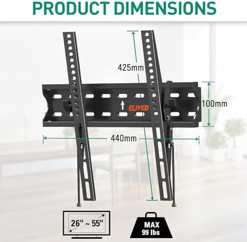 Suport TV de perete înclinat ELIVED pentru televizoare 26–55”, ultra slim, montaj ușor cu reglare înclinare, VESA 400x400 mm, max. 45 kg - imagine 8