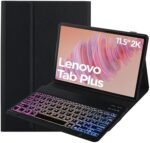 Husă cu tastatură iluminată pentru Lenovo Tab Plus 11.5” 2024, tastatură QWERTZ detașabilă cu 7 culori, husă TPU cu stand – Negru