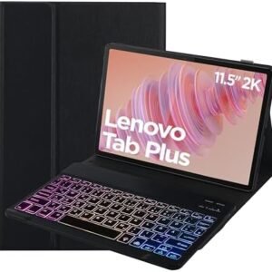 Husă cu tastatură iluminată pentru Lenovo Tab Plus 11.5” 2024, tastatură QWERTZ detașabilă cu 7 culori, husă TPU cu stand – Negru