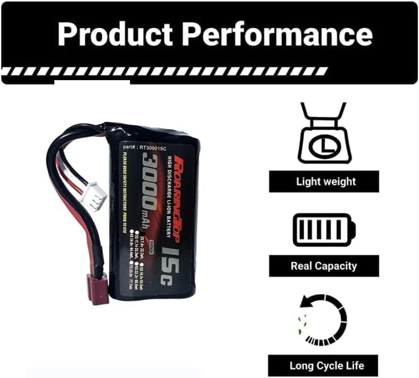 Baterie RC RoaringTop 7.4V 2S Li-ion 3000mAh cu T-Plug, acumulator reîncărcabil pentru mașini RC + 2 încărcătoare USB - imagine 3