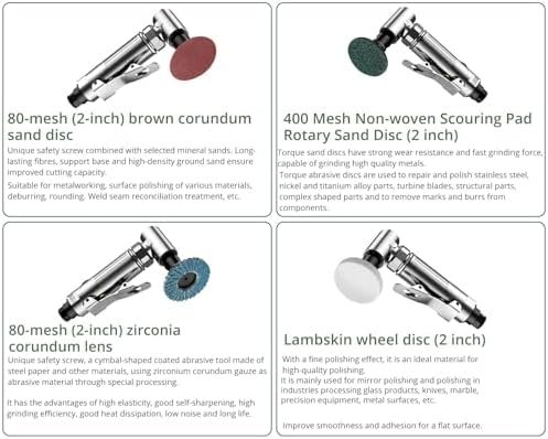 Set polizor pneumatic unghiular 90° cu accesorii, mini șlefuitor cu aer comprimat 90 PSI (6.2 Bar), discuri abrazive 50 mm și capete pentru lustruire – EYPINS - imagine 2