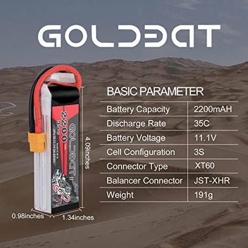 Set 2 baterii LiPo GOLDBAT 3S 2200mAh 11.1V 35C cu XT60 pentru avion RC, dronă FPV și elicopter - imagine 2