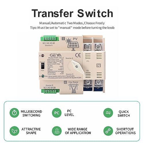 Comutator automat transfer GEYA ATS 2P 100A 220V AC pentru sistem solar / energie urbană (Automatic Transfer Switch) - imagine 3