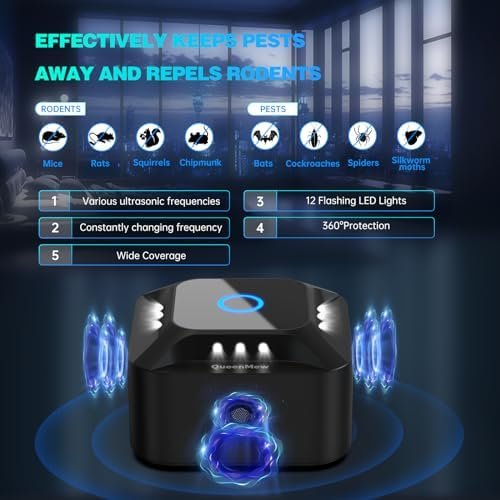 Aparat cu ultrasunete anti-șoareci și șobolani 360°, frecvență reglabilă, cu lumină LED stroboscopică, repelent rozătoare pentru priză – interior - imagine 3
