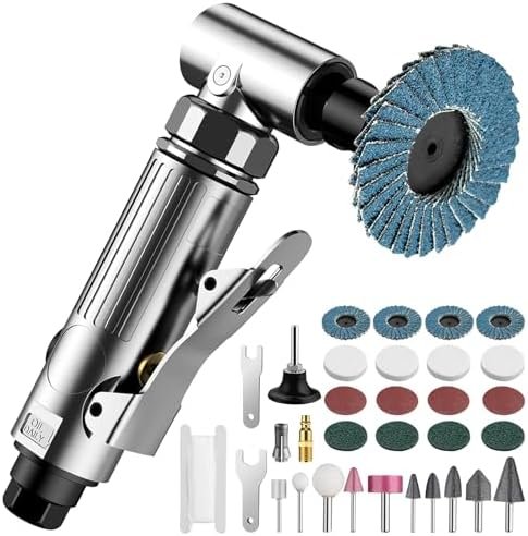 Set polizor pneumatic unghiular 90° cu accesorii, mini șlefuitor cu aer comprimat 90 PSI (6.2 Bar), discuri abrazive 50 mm și capete pentru lustruire – EYPINS