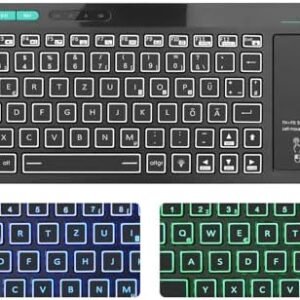 Mini tastatură wireless Rii cu touchpad, Bluetooth 5.0 + 2.4G, iluminare LED, layout QWERTZ – negru