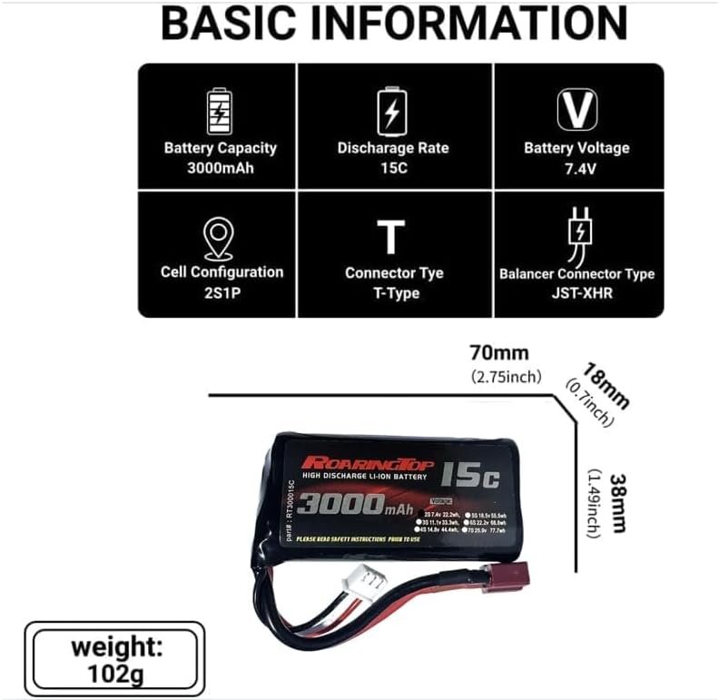 Baterie RC RoaringTop 7.4V 2S Li-ion 3000mAh cu T-Plug, acumulator reîncărcabil pentru mașini RC + 2 încărcătoare USB - imagine 2