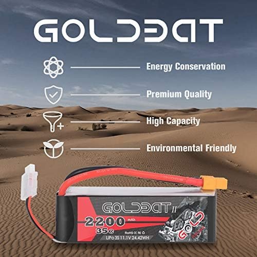 Set 2 baterii LiPo GOLDBAT 3S 2200mAh 11.1V 35C cu XT60 pentru avion RC, dronă FPV și elicopter - imagine 4
