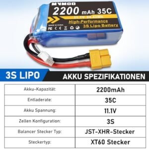Baterie LiPo 3S 2200mAh 11.1V 35C cu XT60 pentru avion RC, dronă FPV și elicopter – acumulator reîncărcabil