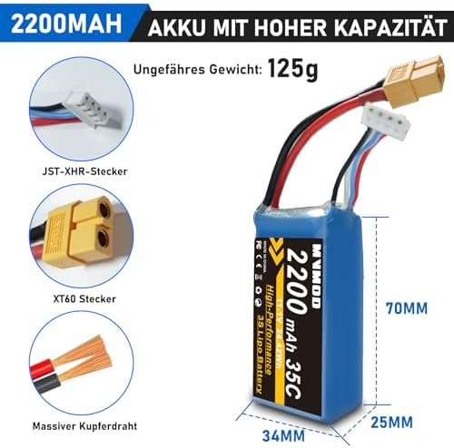 Baterie LiPo 3S 2200mAh 11.1V 35C cu XT60 pentru avion RC, dronă FPV și elicopter – acumulator reîncărcabil - imagine 3